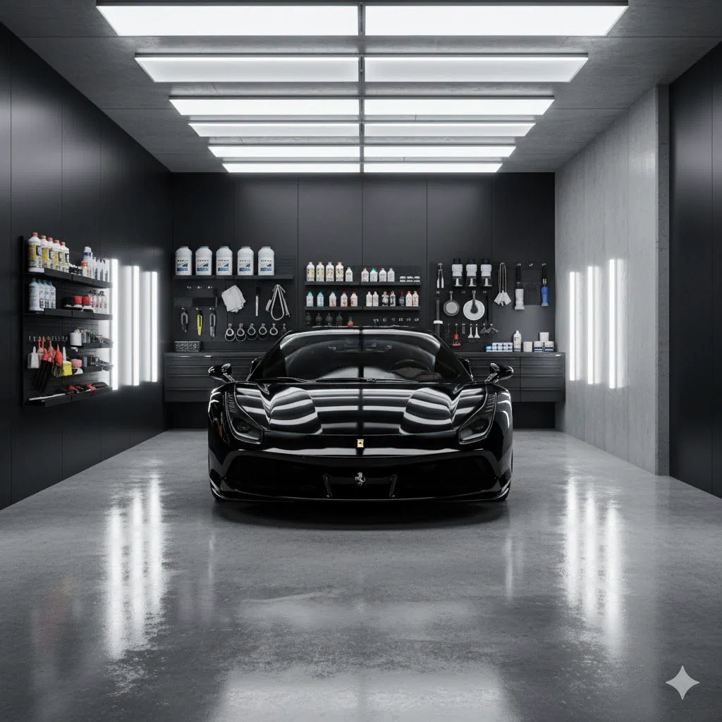 Black Ferrari inside the D2 Customs Johannesburg studio, prepped for a multi-stage paint correction